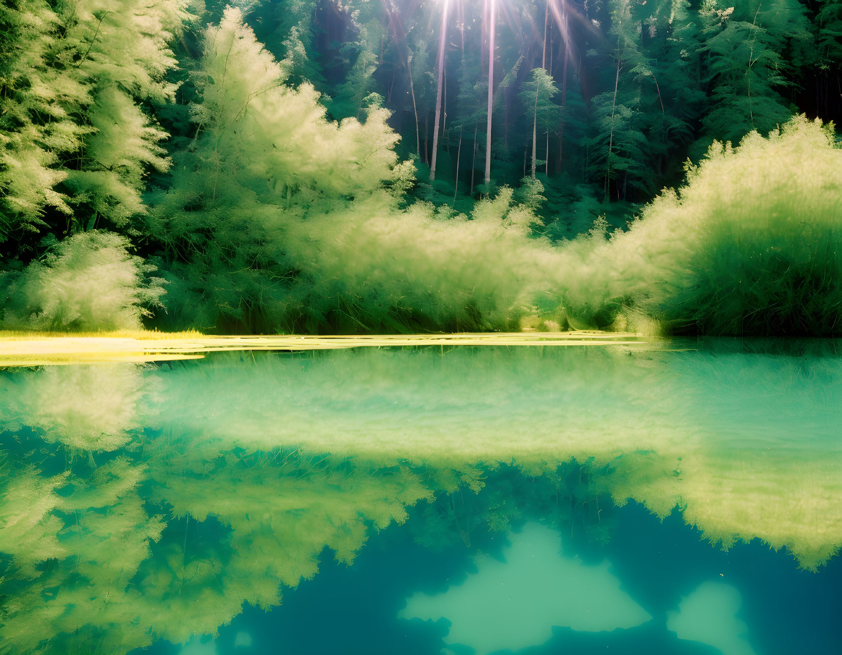 Tranquil forest scene with lush greenery, sunlight beams, and serene pond