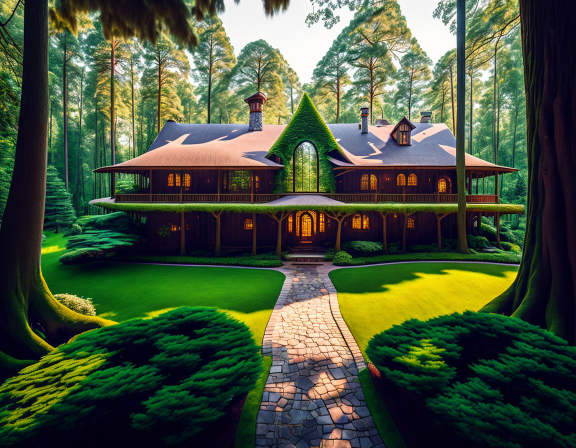 Symmetrical house with green shingled roofs in lush forest