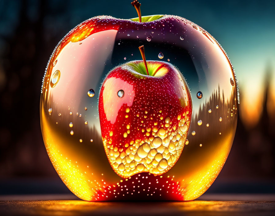 Red Apple in Transparent Droplet Sphere on Sunset Background