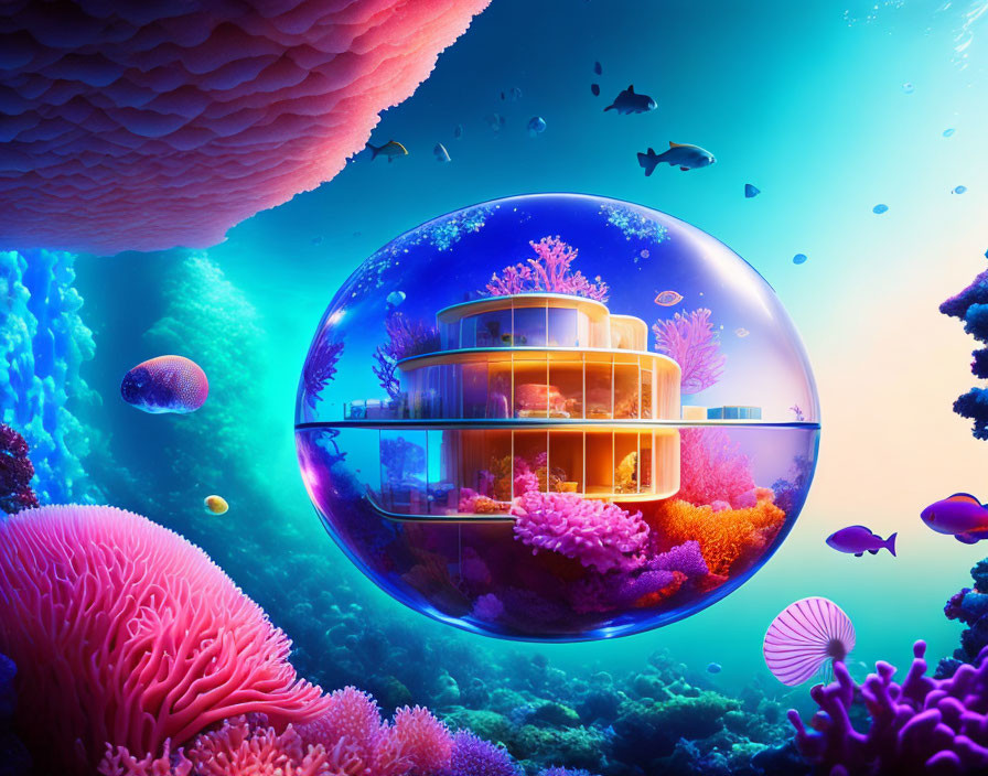 Colorful Underwater Scene with Futuristic Bubble Structure and Marine Life