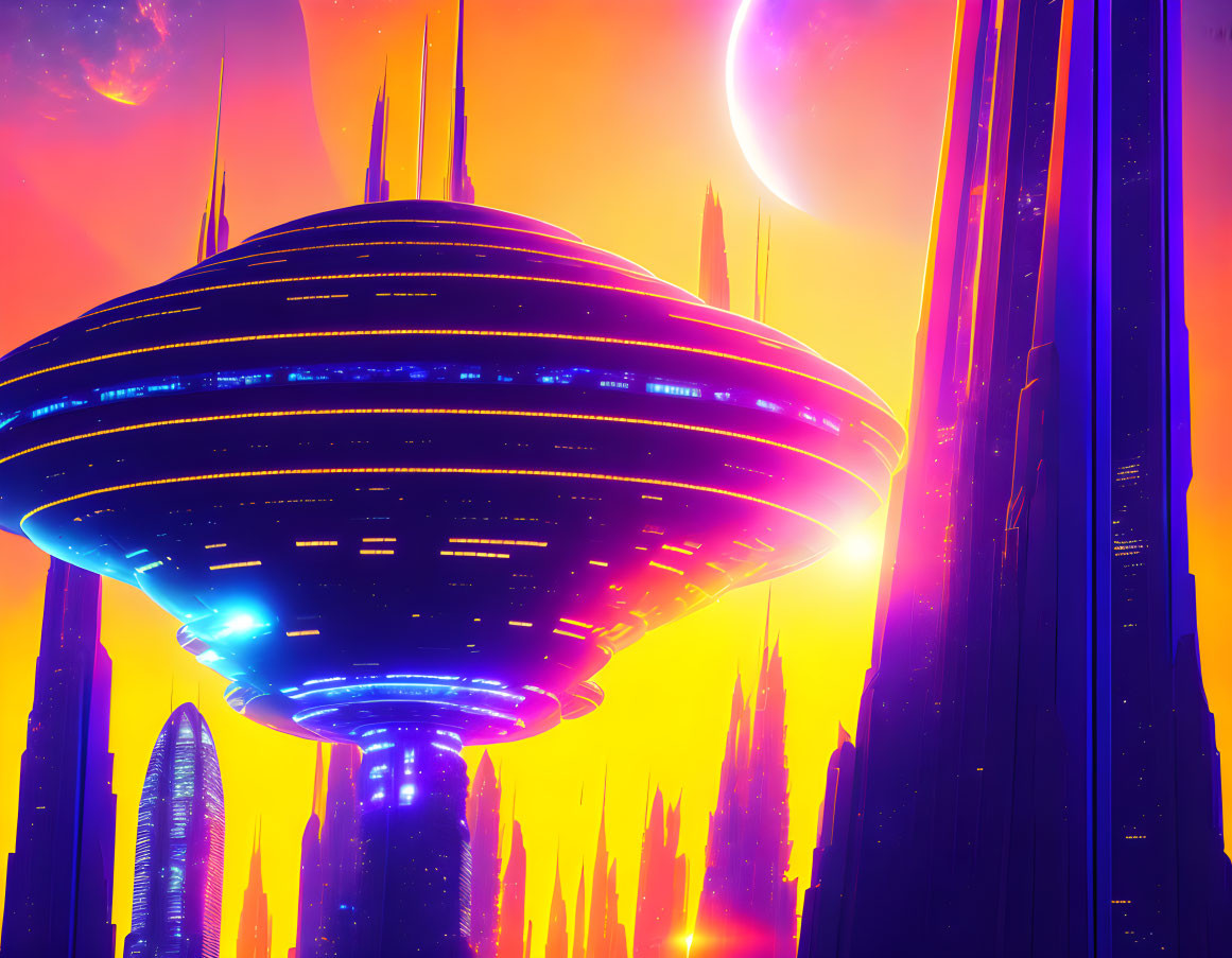 Futuristic cityscape with flying saucer, spires, and colorful sky