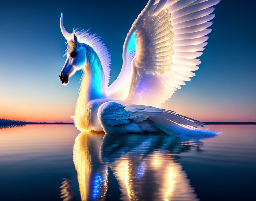 Majestic white and blue Pegasus at water's edge during sunset