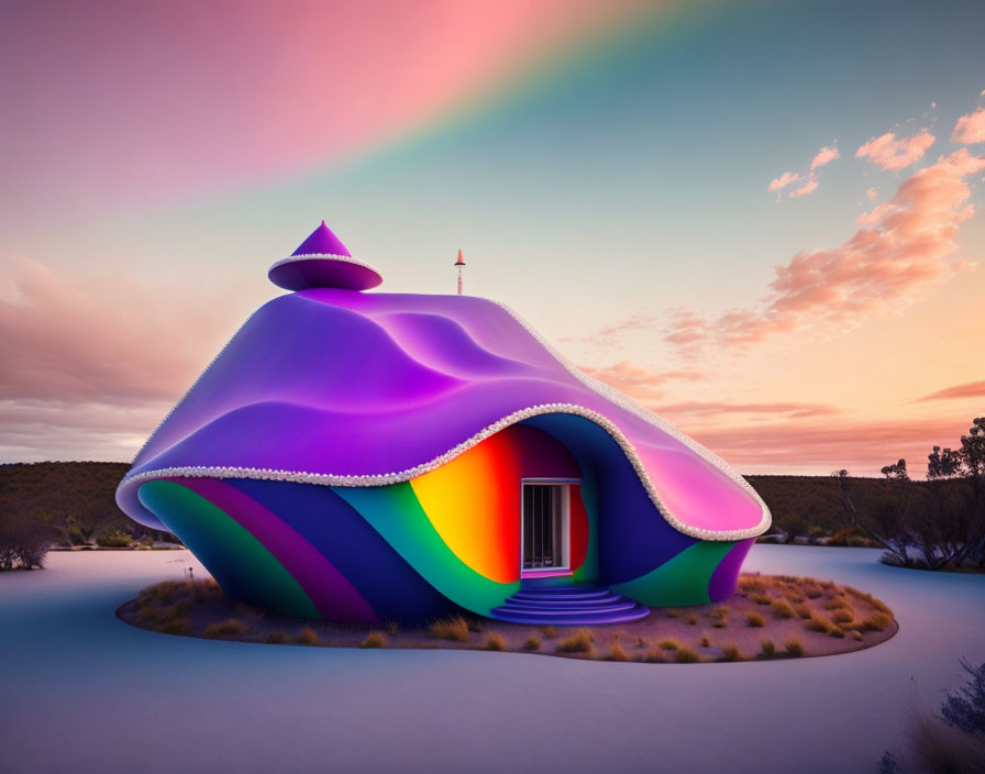 Colorful flowing structure against vibrant sunrise sky and foliage.