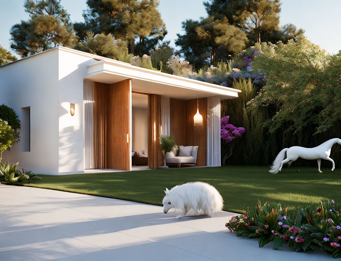 Spacious modern house with large windows, wooden accents, lush garden, white horse, and white cat