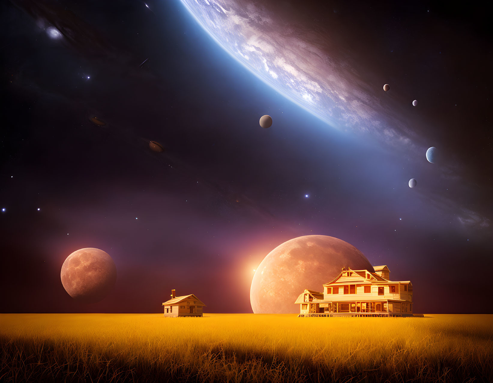 Surreal landscape with house, shack, and celestial bodies