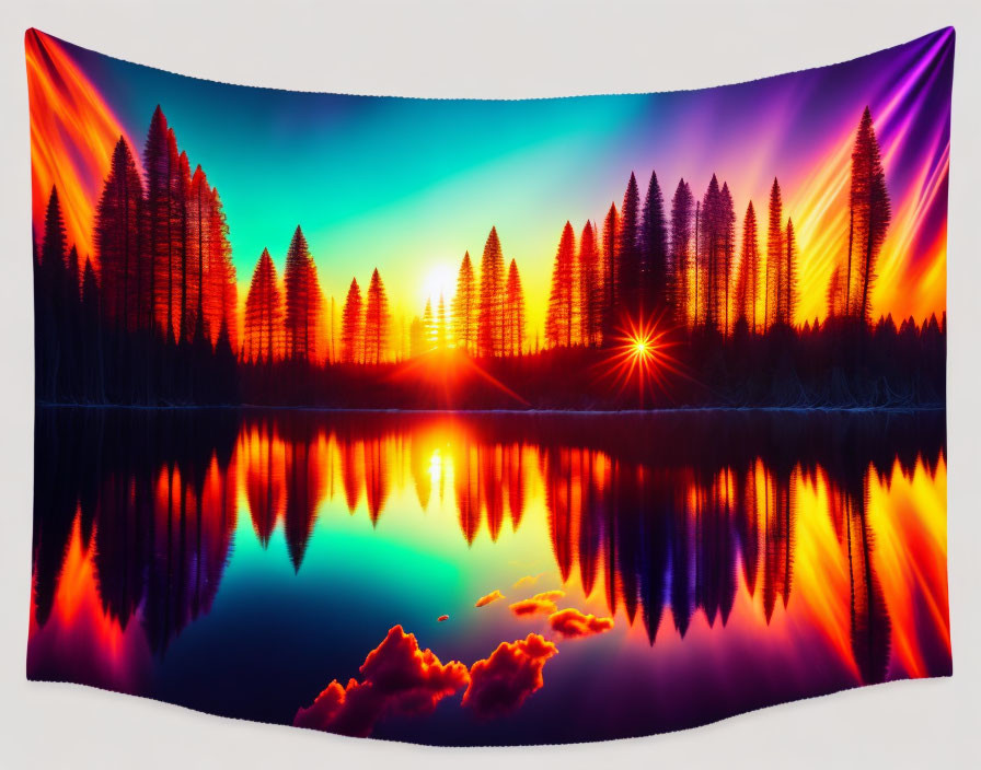 Colorful Tapestry of Sunset or Sunrise with Silhouetted Pine Trees by Calm Lake