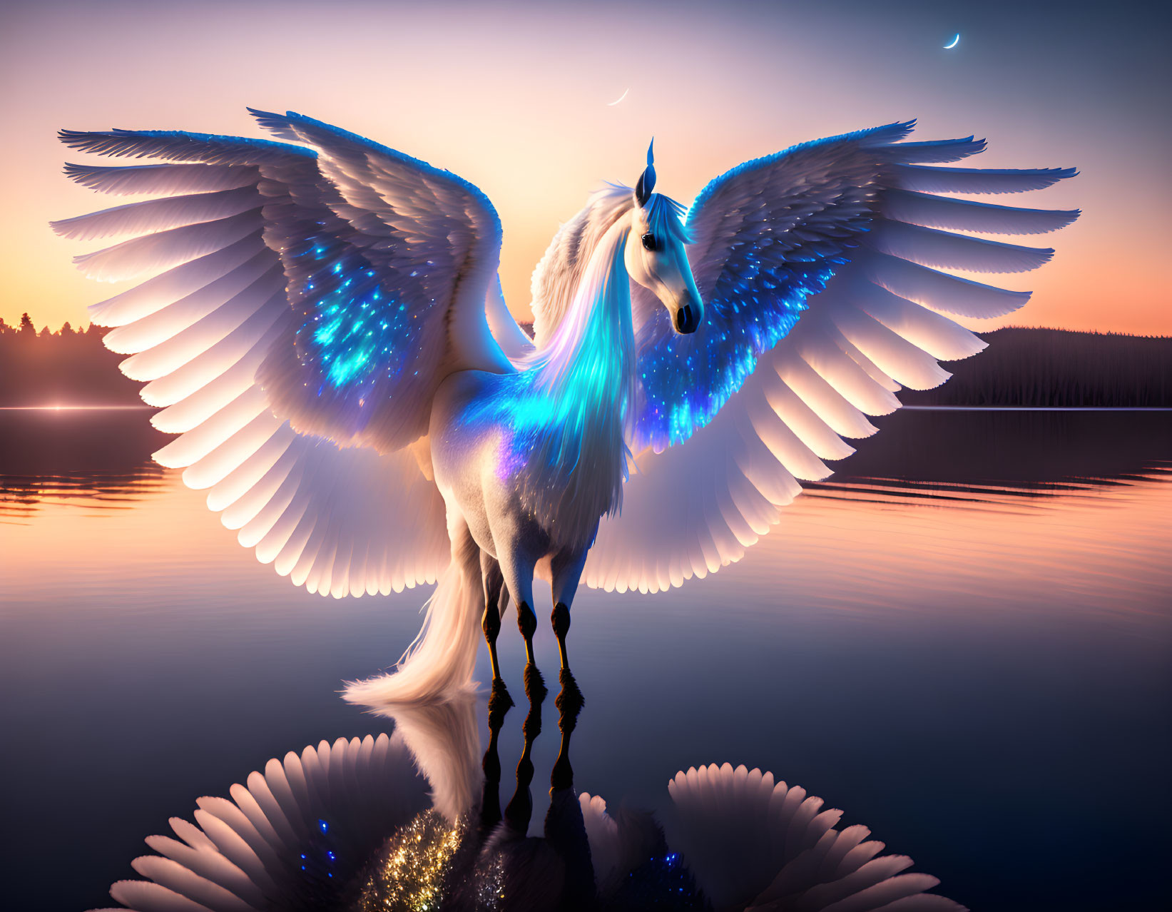 Majestic white unicorn with glowing blue accents by serene lake at dusk