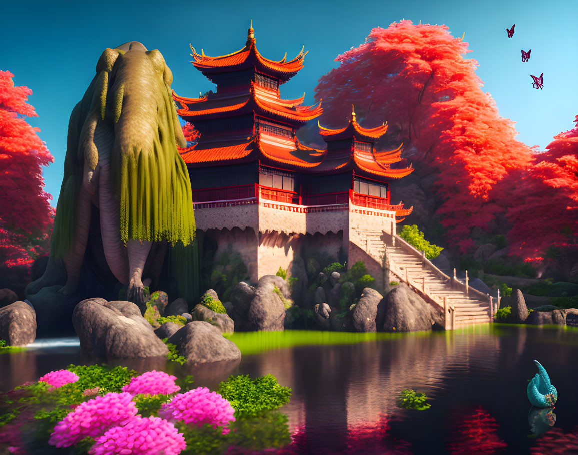 Traditional Asian Pagoda in Vibrant Red Foliage with Elephant Sculpture and Calm Pond