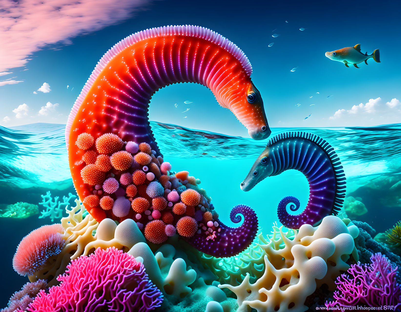 Colorful Underwater Scene with Seahorses, Coral, and Fish