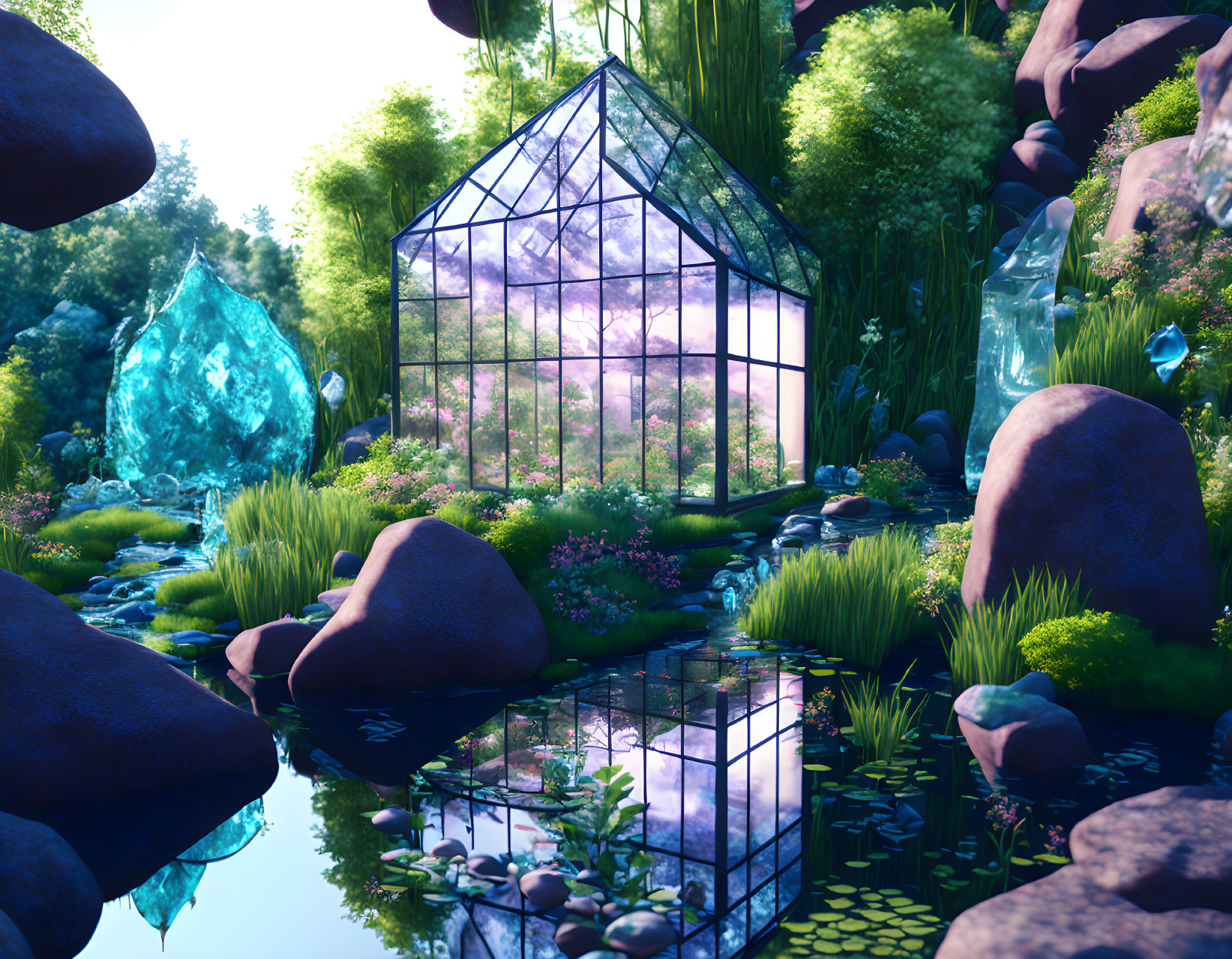 Serene fantasy garden with crystalline greenhouse, lush greenery, vibrant flora, geodes, and