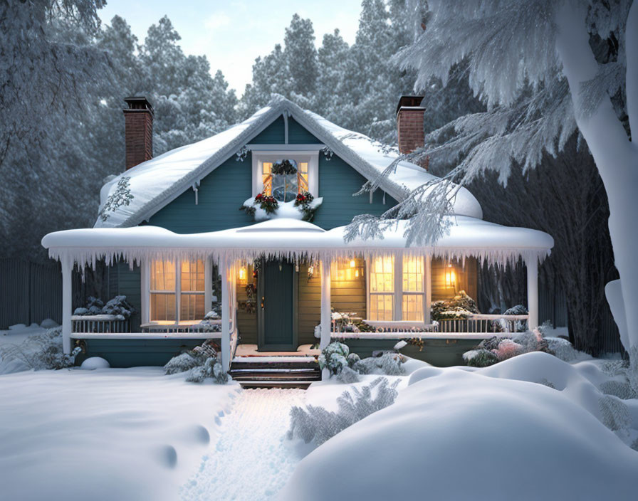 Snow-covered house with warm lights and wreathed windows in serene winter landscape