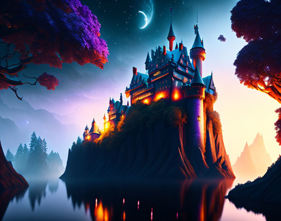 Castle on rocky cliff with colorful lighting under twilight sky