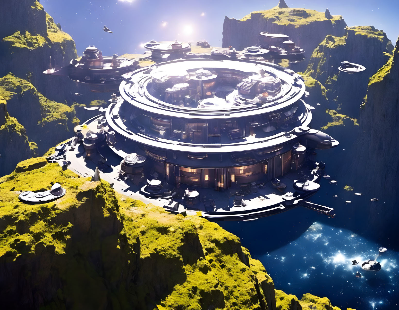 Futuristic city with circular structures on rugged cliffs under a bright sun