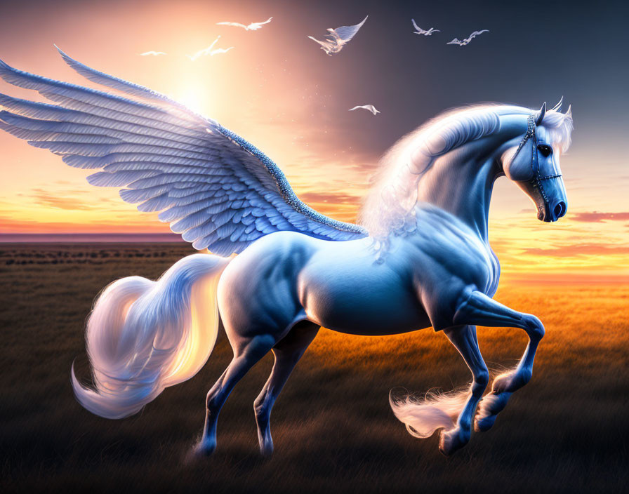 Blue pegasus with white wings on savannah at sunset