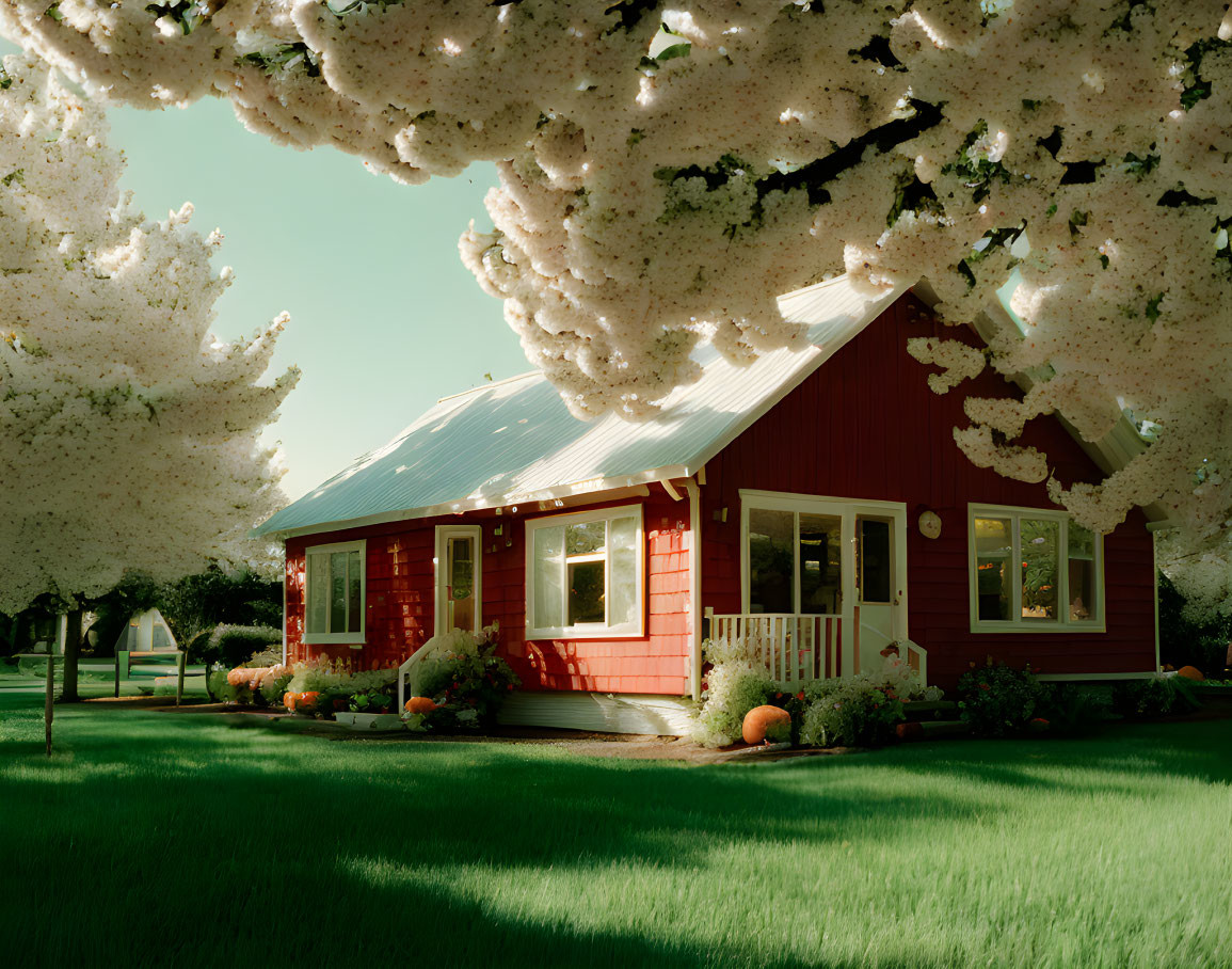 Red House with White Porch Surrounded by Blooming Trees on Sunny Day