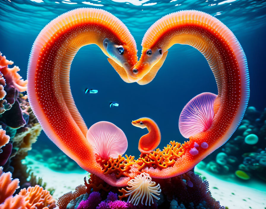 Orange seahorses forming heart shape among colorful coral