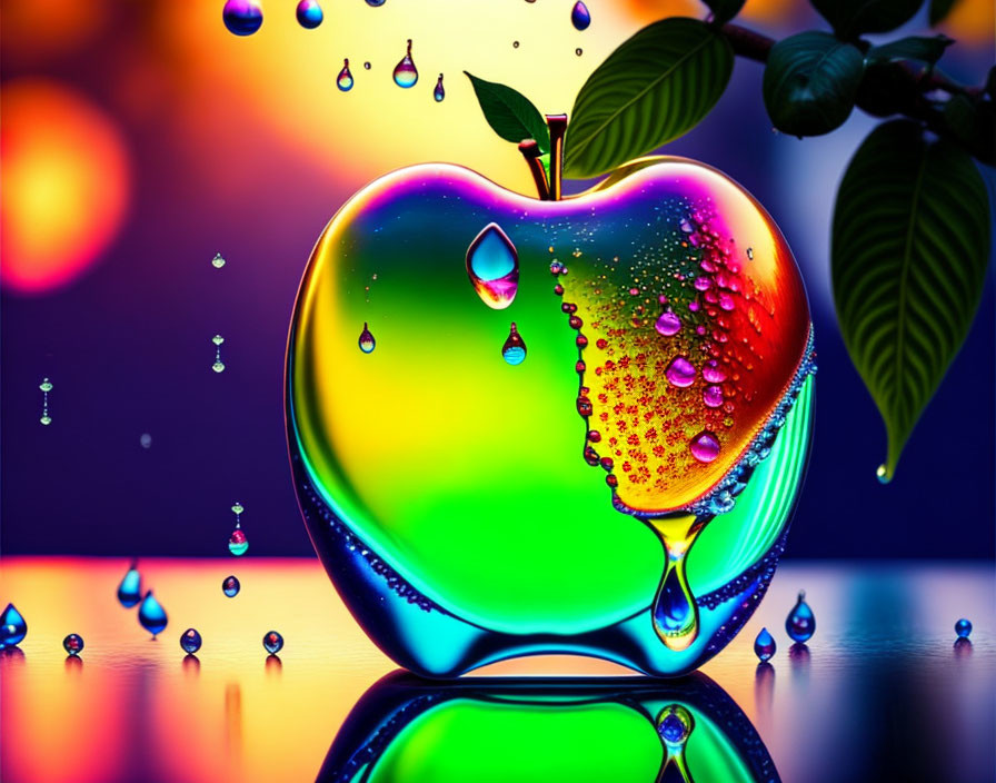 Vibrant, colorful apple with water droplets on bokeh background