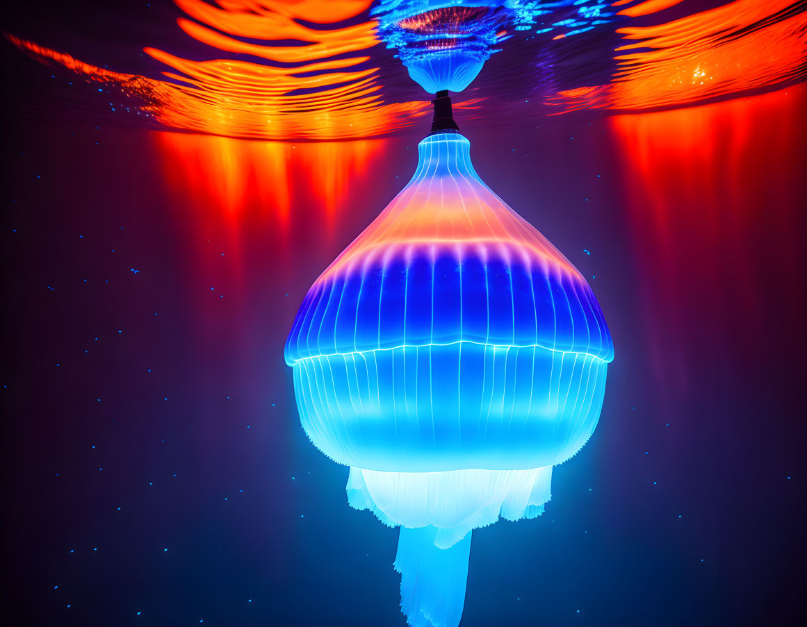 Vibrant Blue Illuminated Jellyfish Against Red and Blue Background