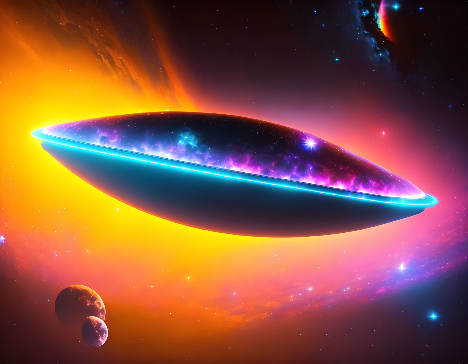 Colorful digital art: futuristic spaceship in vibrant nebula landscape