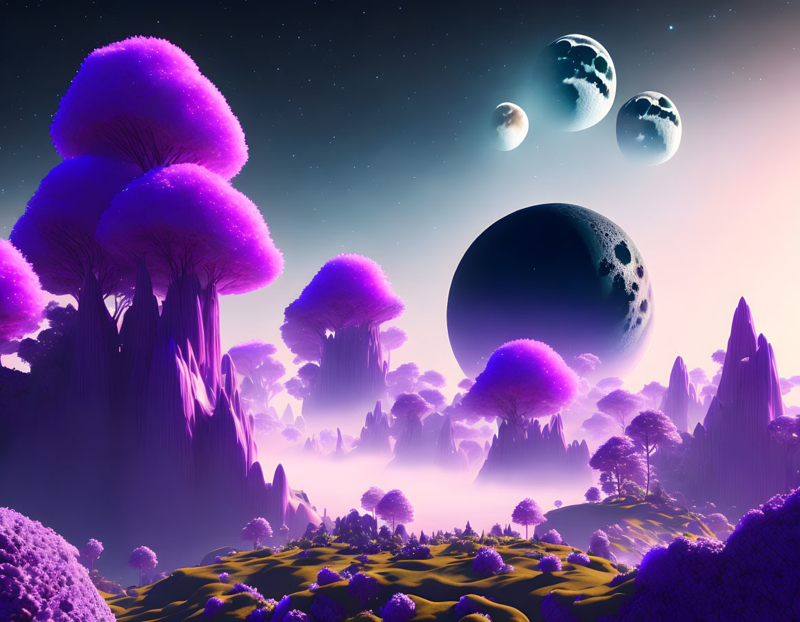 Surreal landscape with purple trees, starry sky, and multiple moons