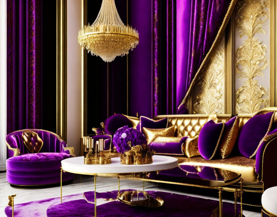 Opulent purple and gold themed living room with velvet sofas and grand chandelier