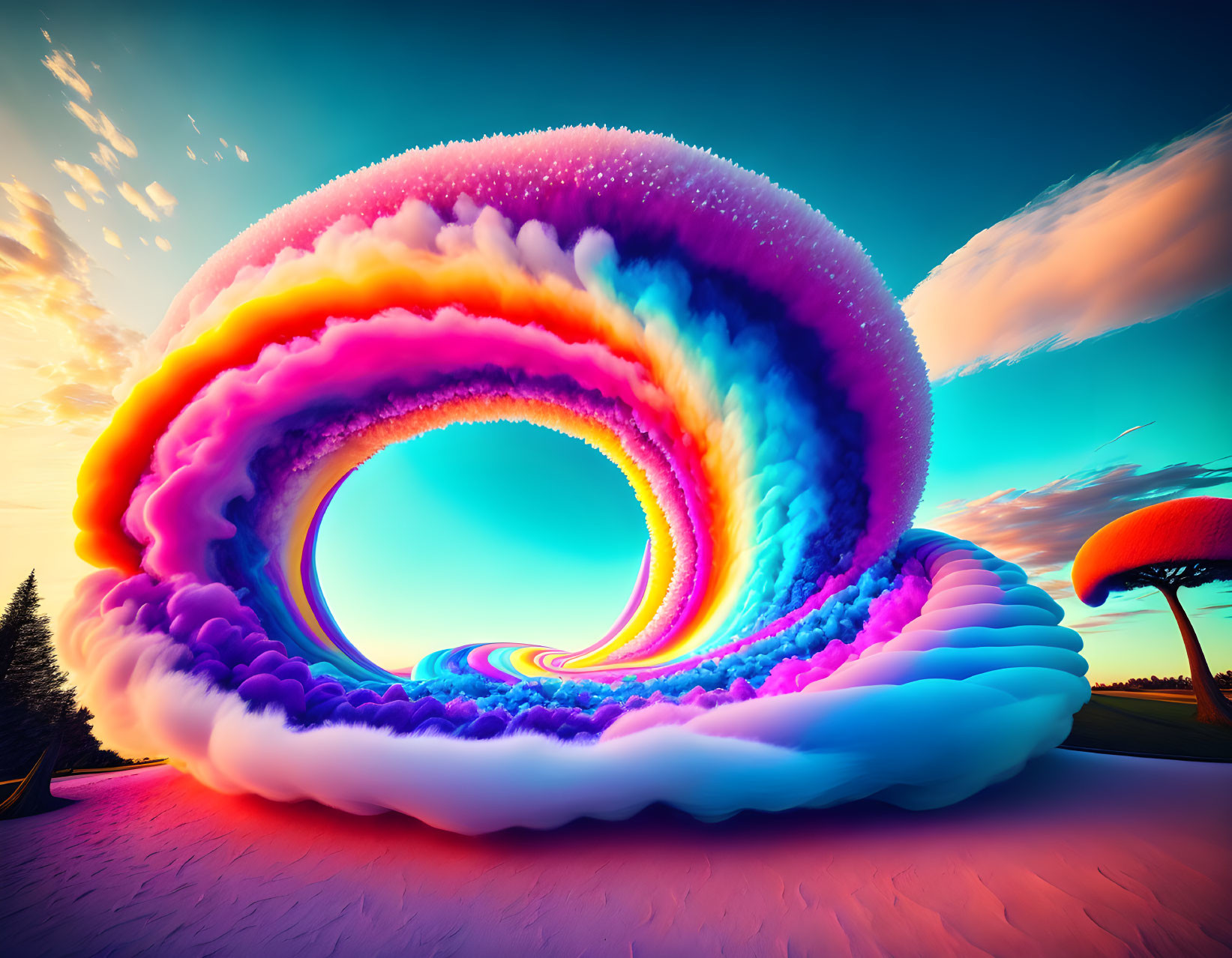 Colorful surreal landscape with swirling wave-like structure and stylized trees