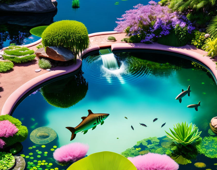 Tranquil garden pond with pink borders, lush greenery, purple flowers, fish, lily