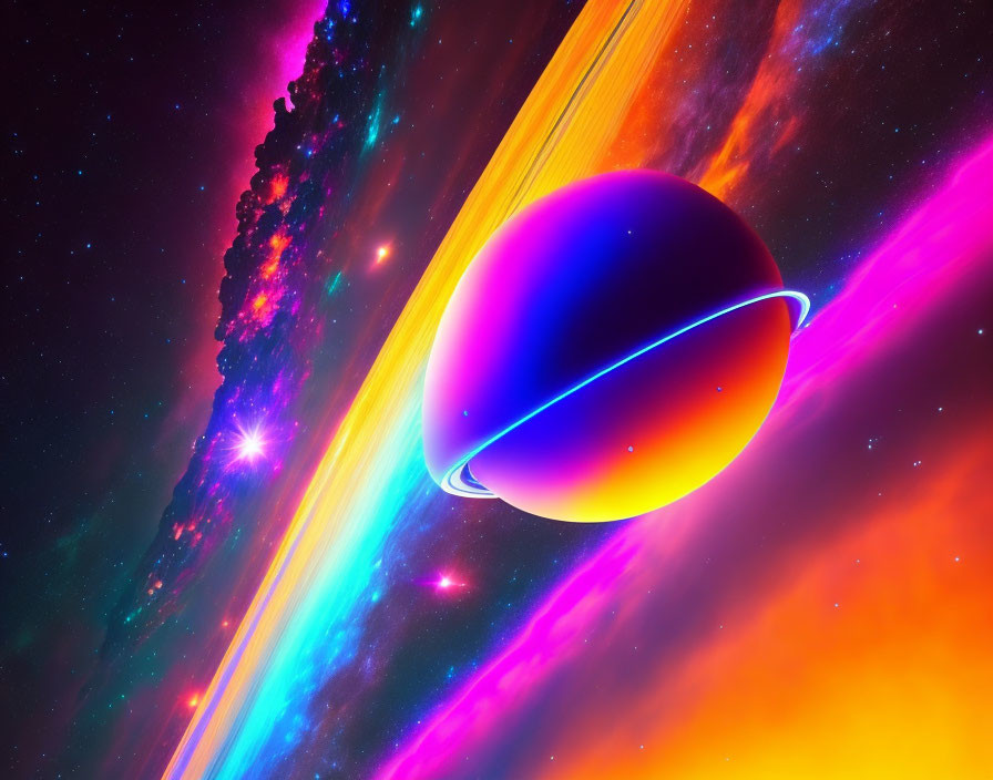 Colorful surreal planet in vibrant cosmic scene