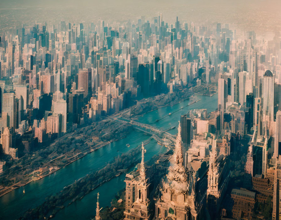 Sunlit cityscape with dense skyscrapers, river, bridges, and golden haze.