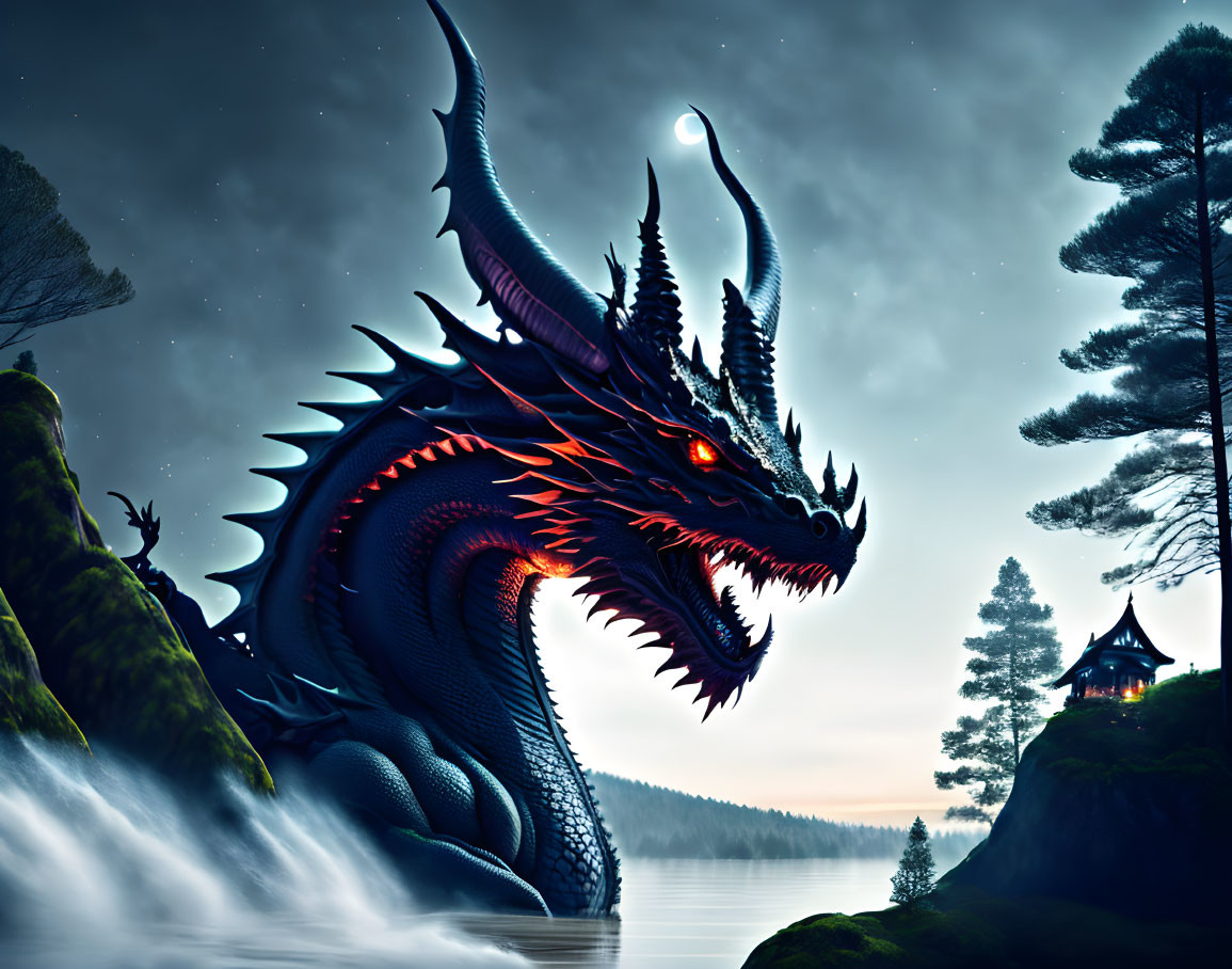 Blue dragon with red underbelly by moonlit waterfall.