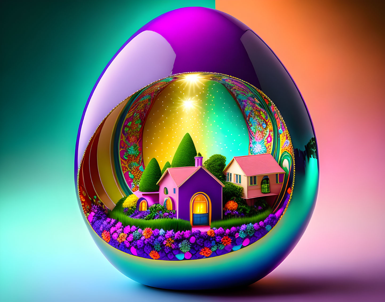 Colorful Egg-shaped Portal Reveals Whimsical Landscape