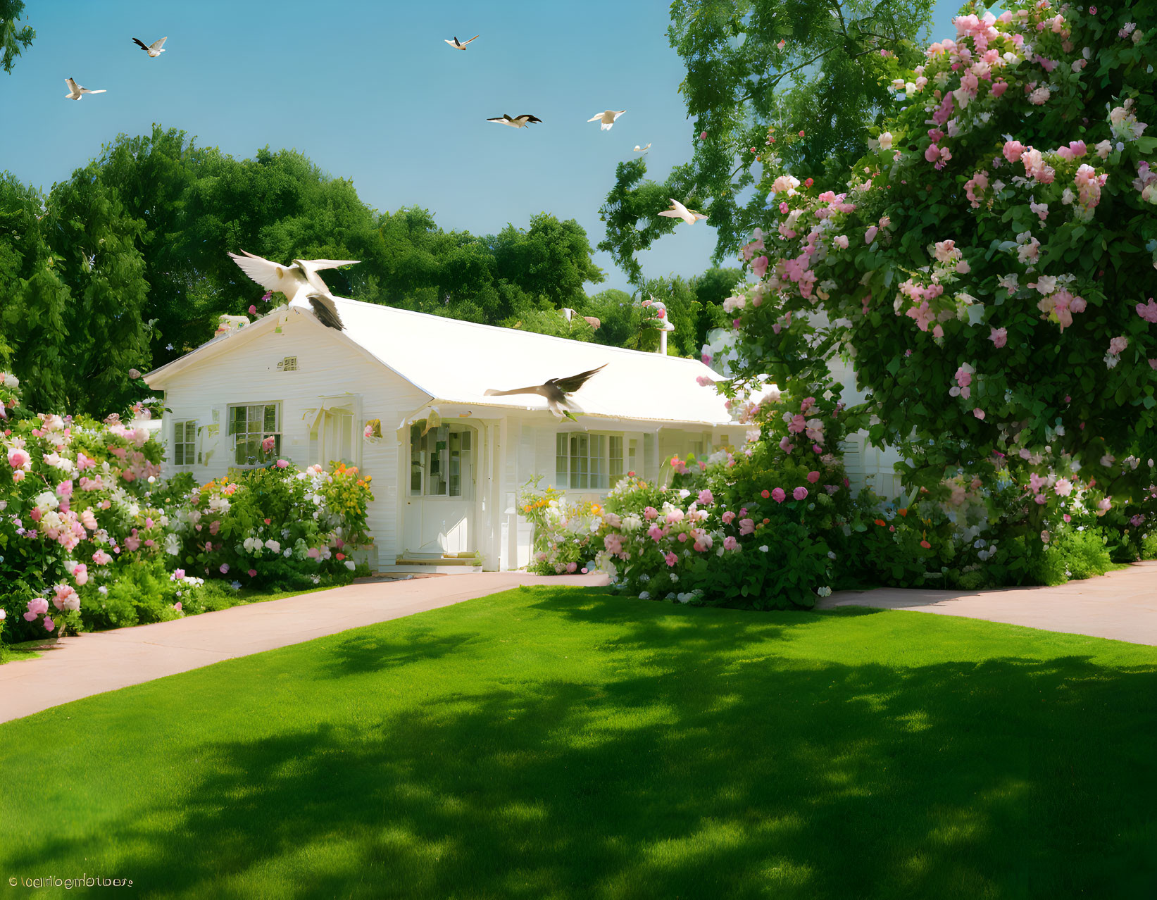 White House Surrounded by Green Lawn, Flowers, and Blue Sky