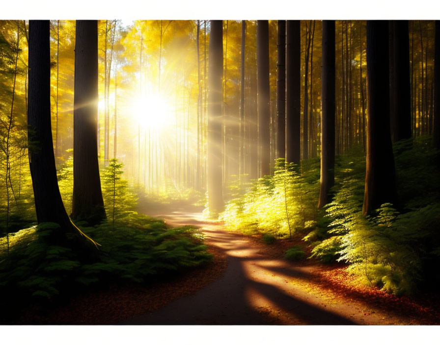 Dense Forest with Sunlight Rays and Shadows