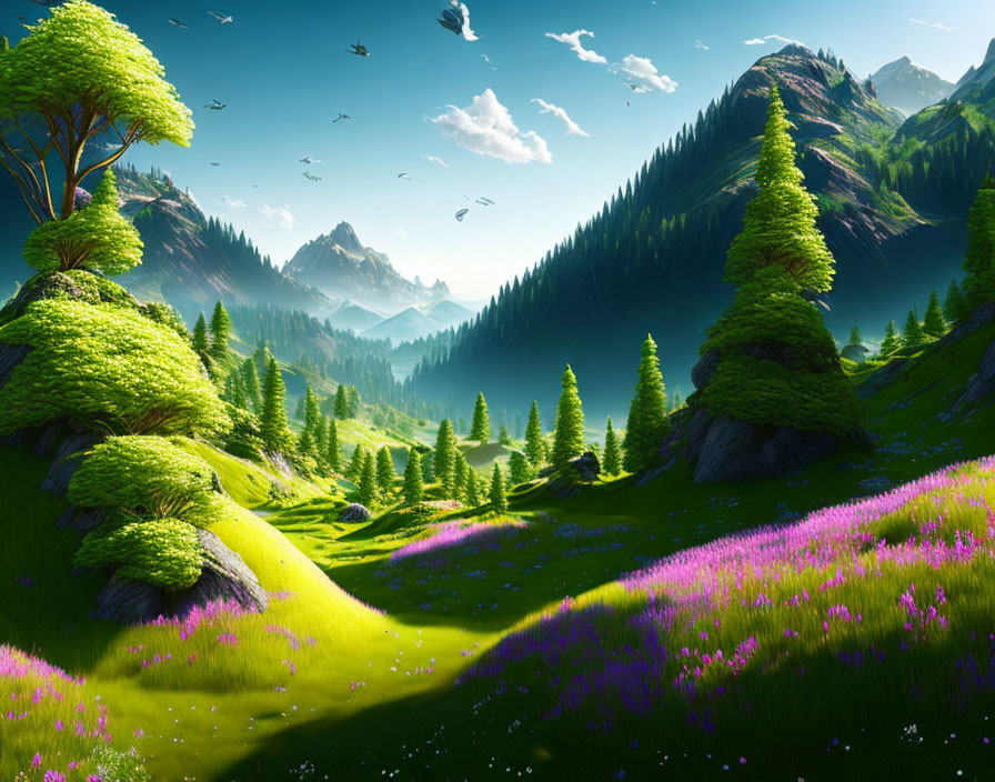 Scenic landscape with green valley, purple flowers, evergreens, hills, mountains, and birds in