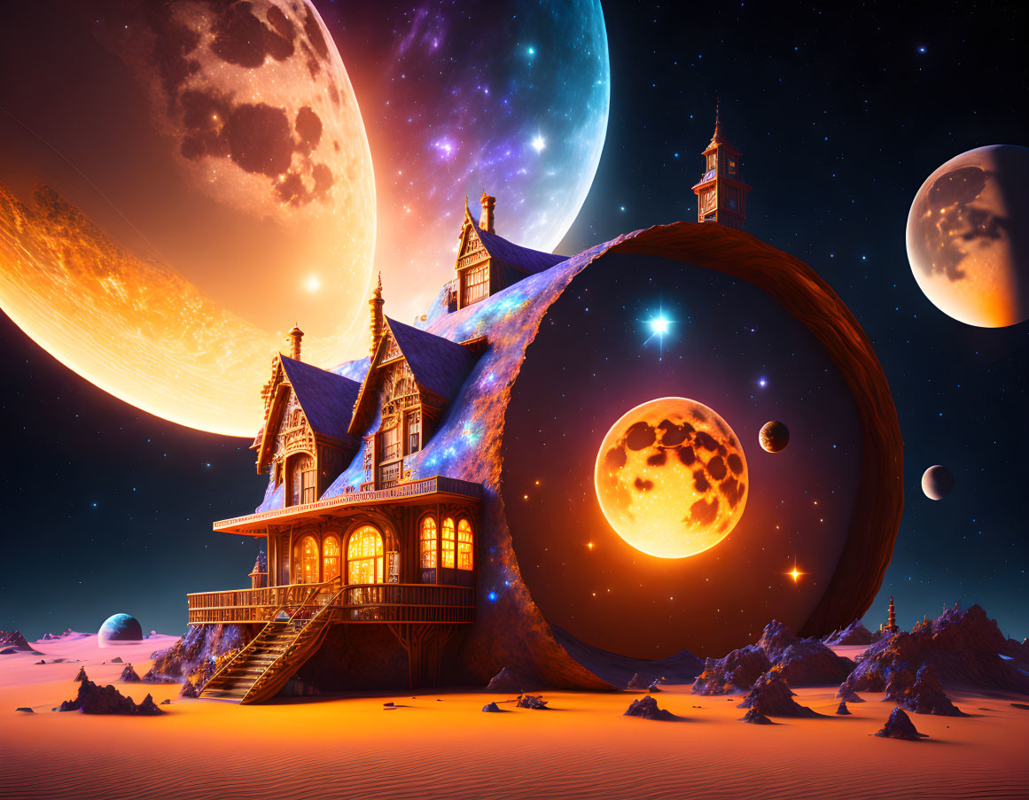 Surreal landscape with Victorian house on looped structure under starry sky