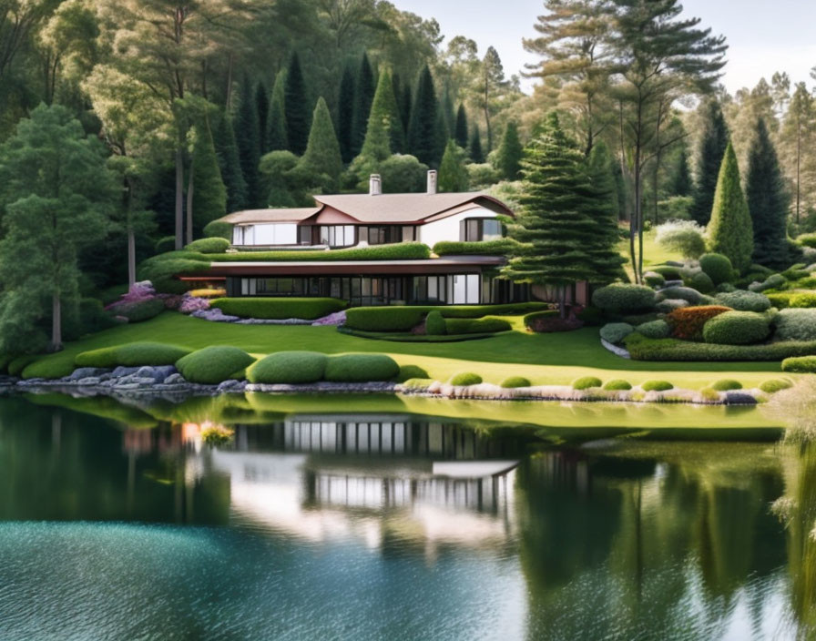 Tranquil lakeside house with lush greenery and gardens