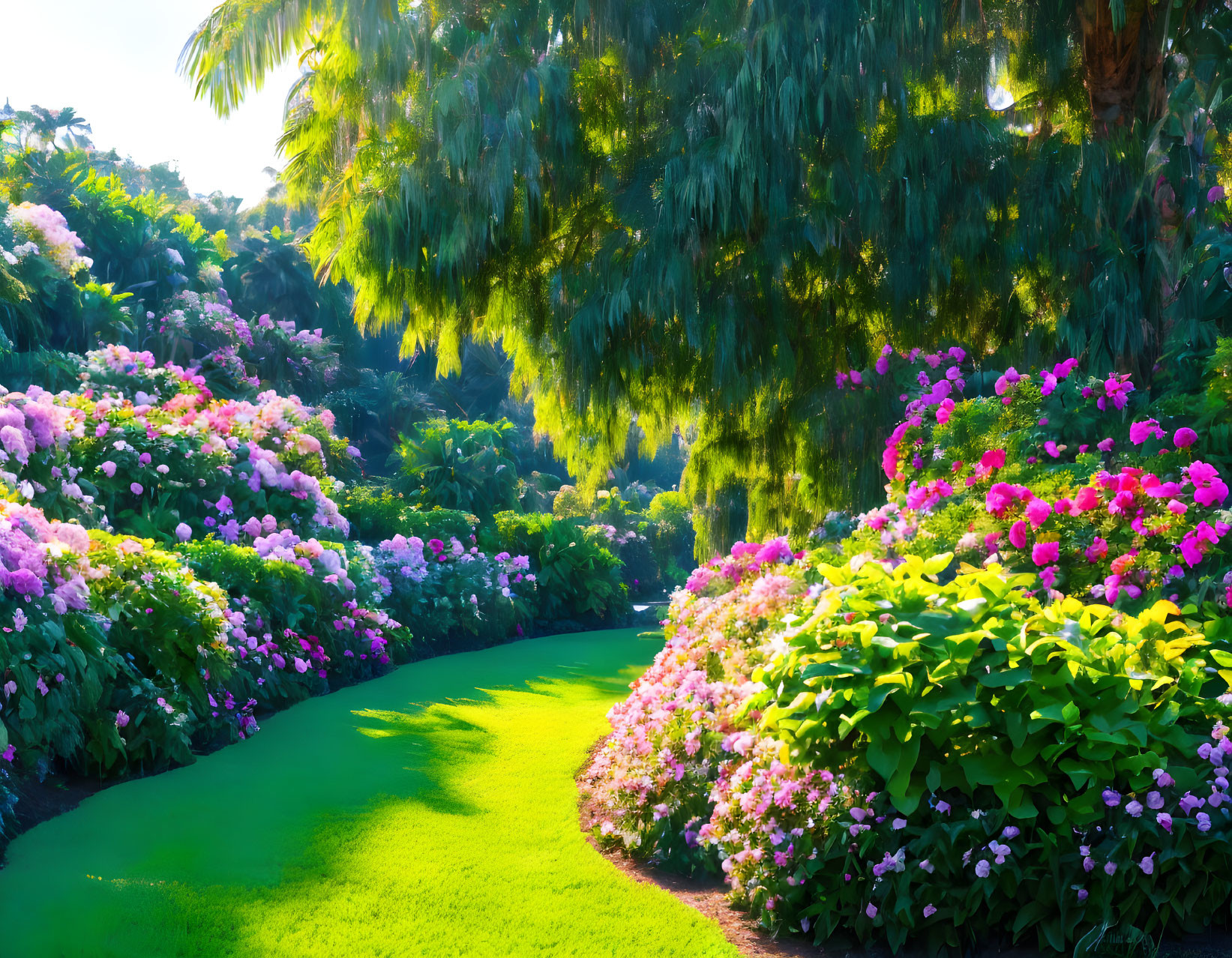 Lush Pink and Violet Flower Garden Path Amid Tropical Foliage