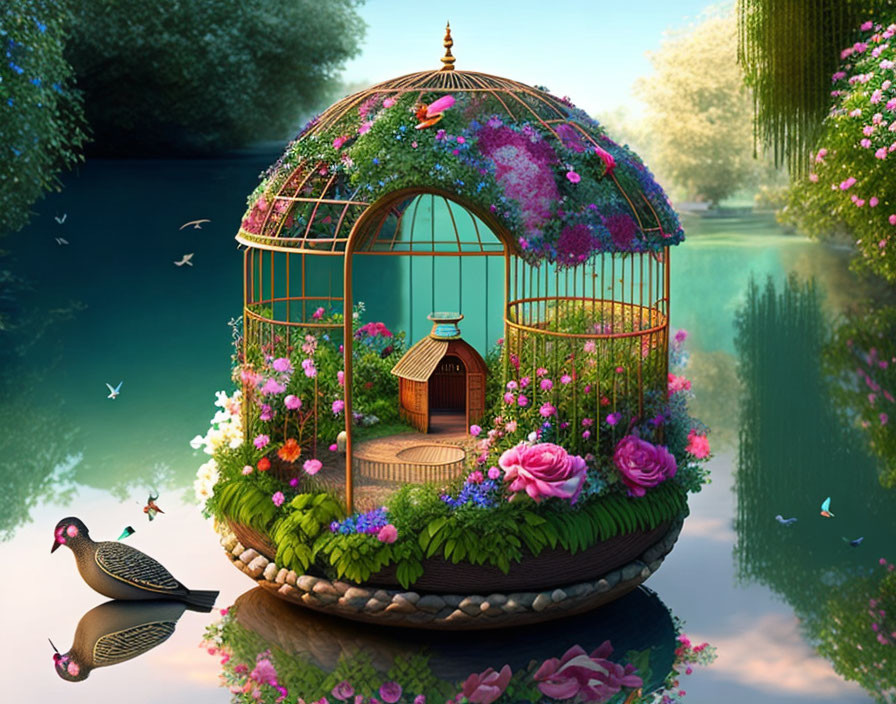 Colorful Flower-Adorned Birdcage Floating on Serene Lake