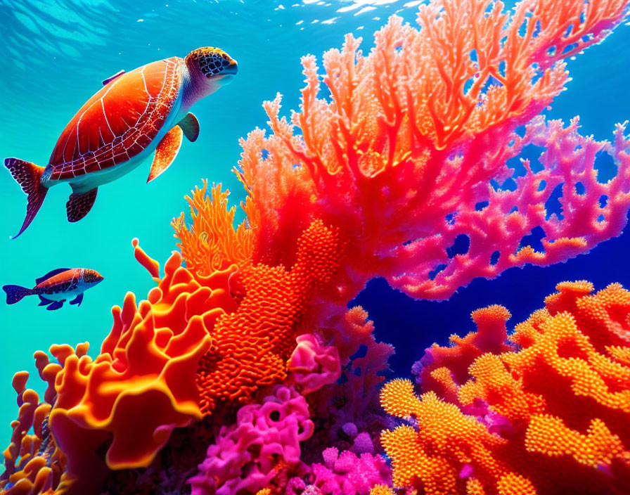 Colorful Underwater Scene with Sea Turtle and Coral Reefs