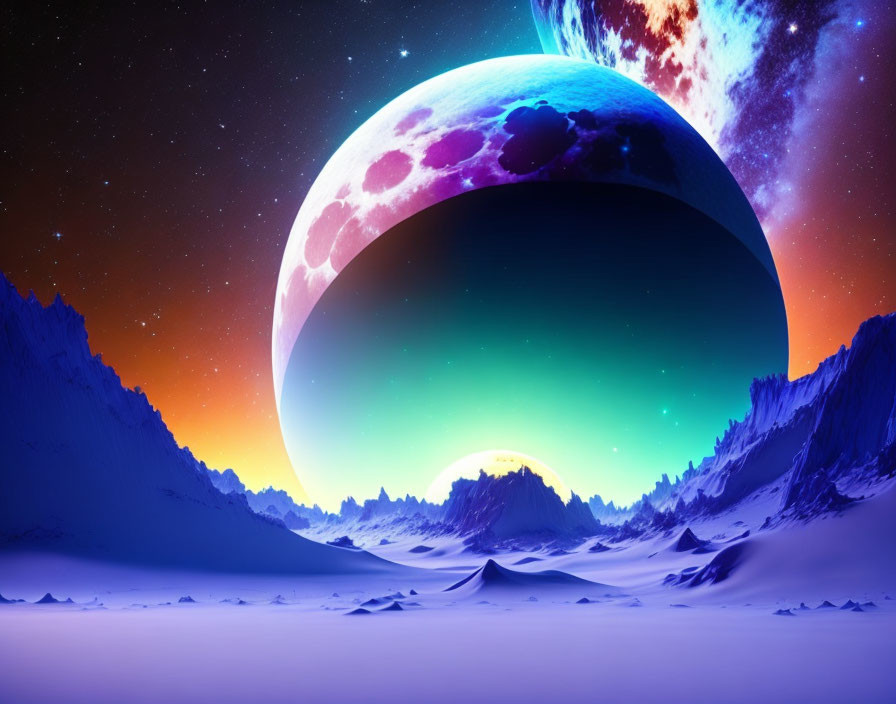 Sci-fi landscape with massive planet over snowy mountains