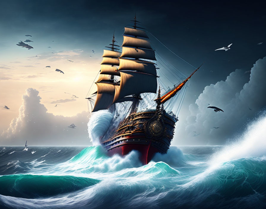 Sailing ship with full sails navigating tumultuous ocean waves under dramatic sky