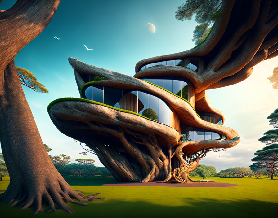 Swirling branch treehouse in lush meadow landscape