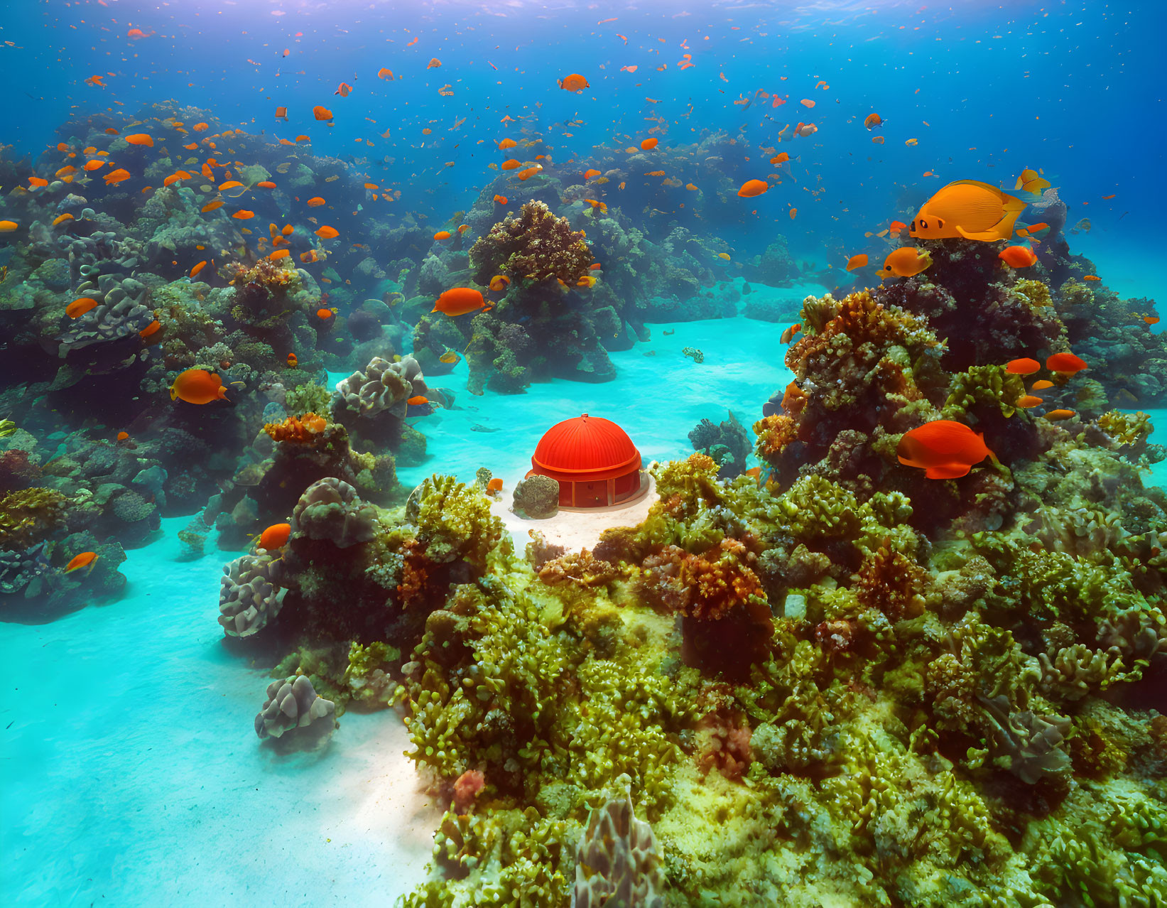 Colorful Coral Formations and Fish Surround Whimsical Red-Domed Underwater Structure