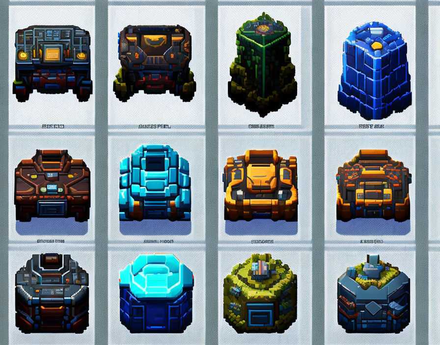 Stylized futuristic building icons with unique designs and colors.