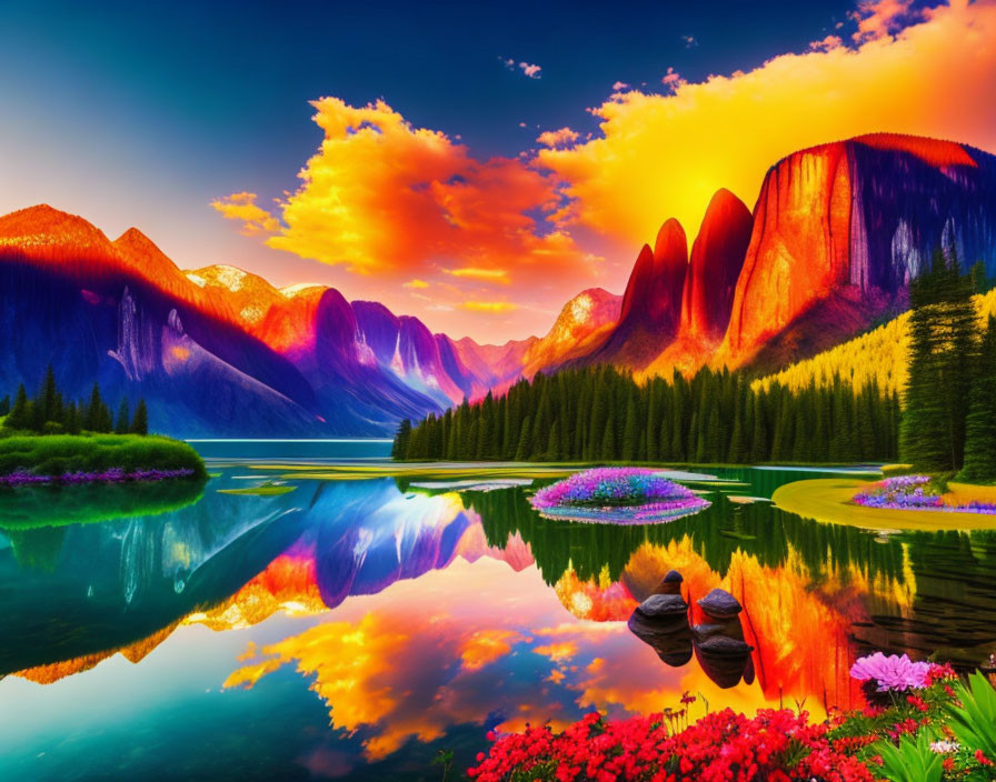 Colorful Sunset Over Mountain Lake with Vibrant Flora and Boats