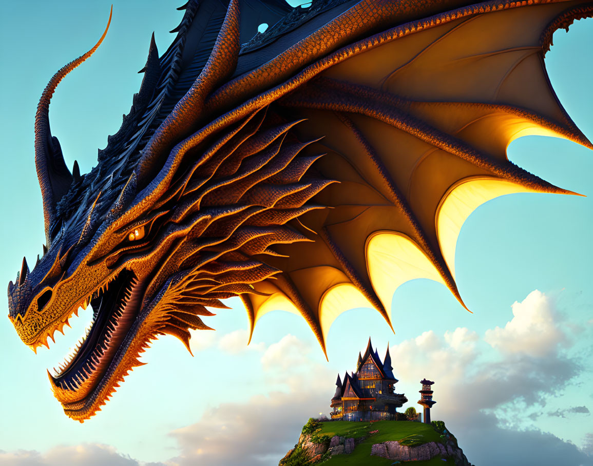 Majestic dragon with expansive wings near fantasy castle on grassy hill