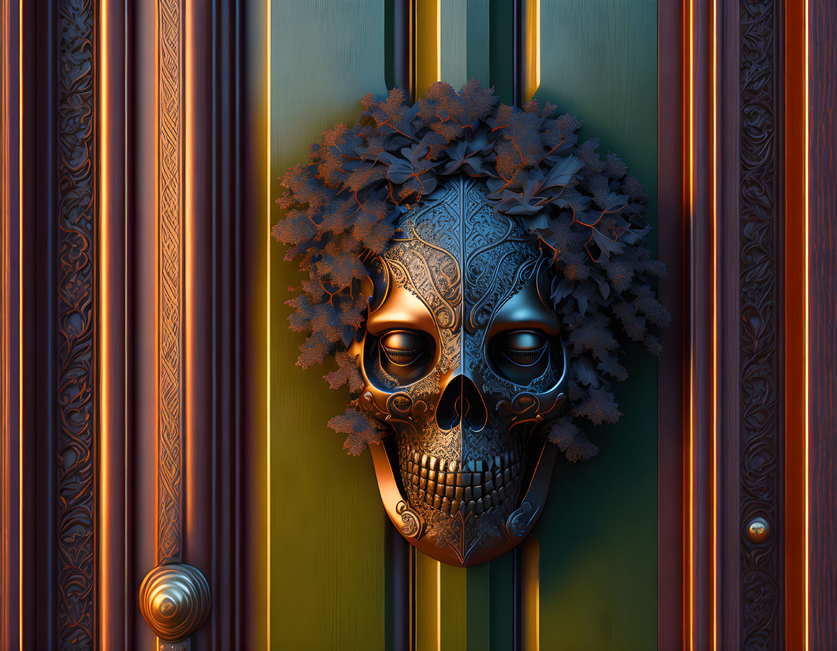 Decorative metal skull with leaf motifs on polished green door