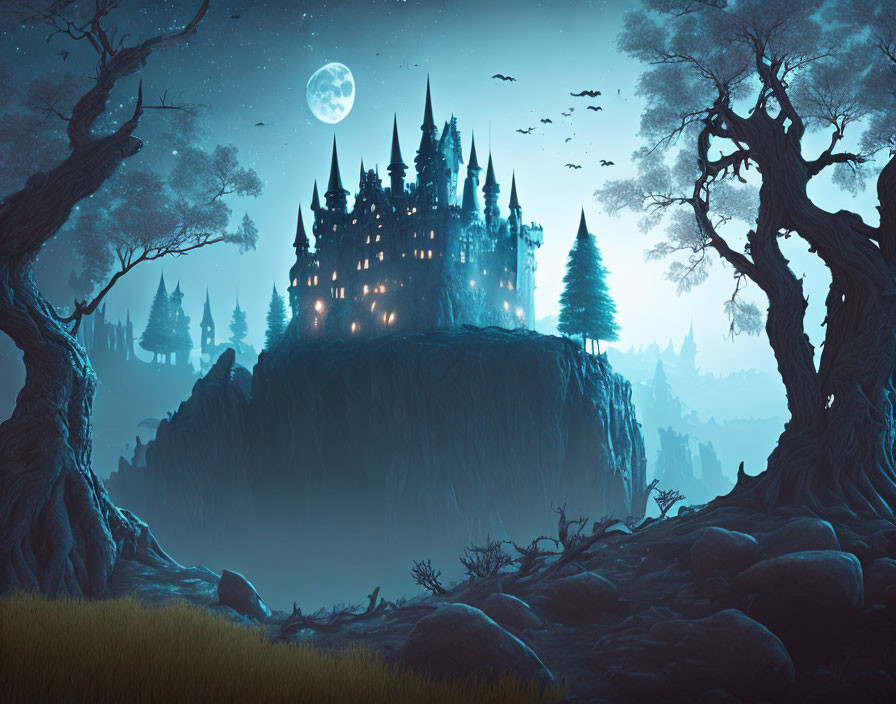 Mystical castle on steep cliff under full moon, with silhouetted trees, flying bats