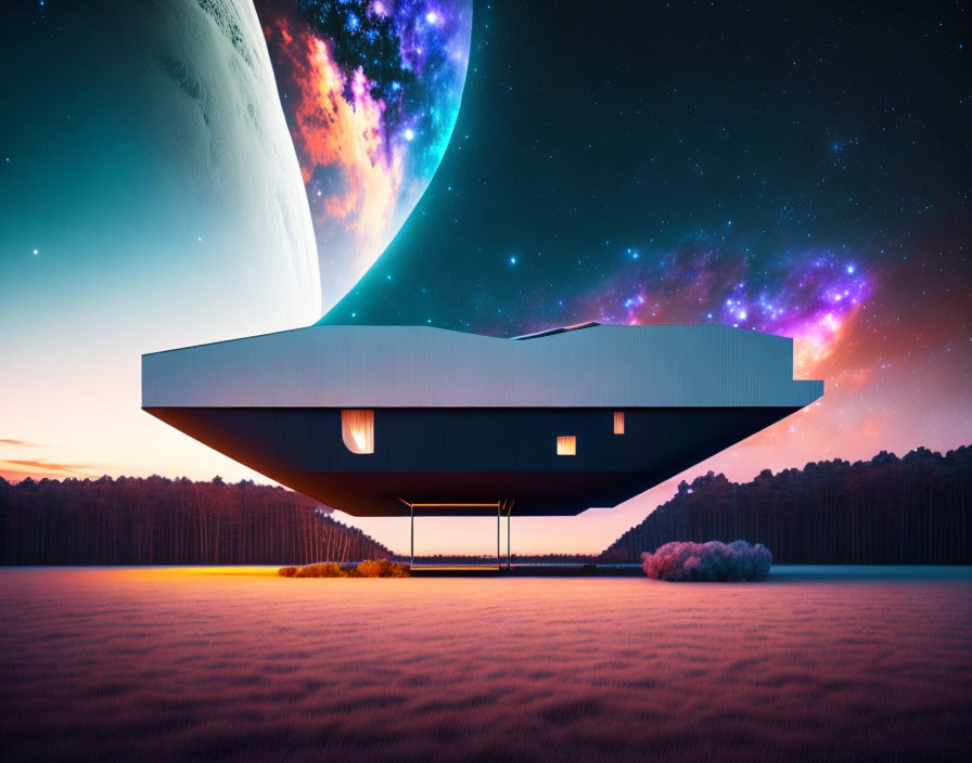 Futuristic house under vast cosmos with planet and nebulae