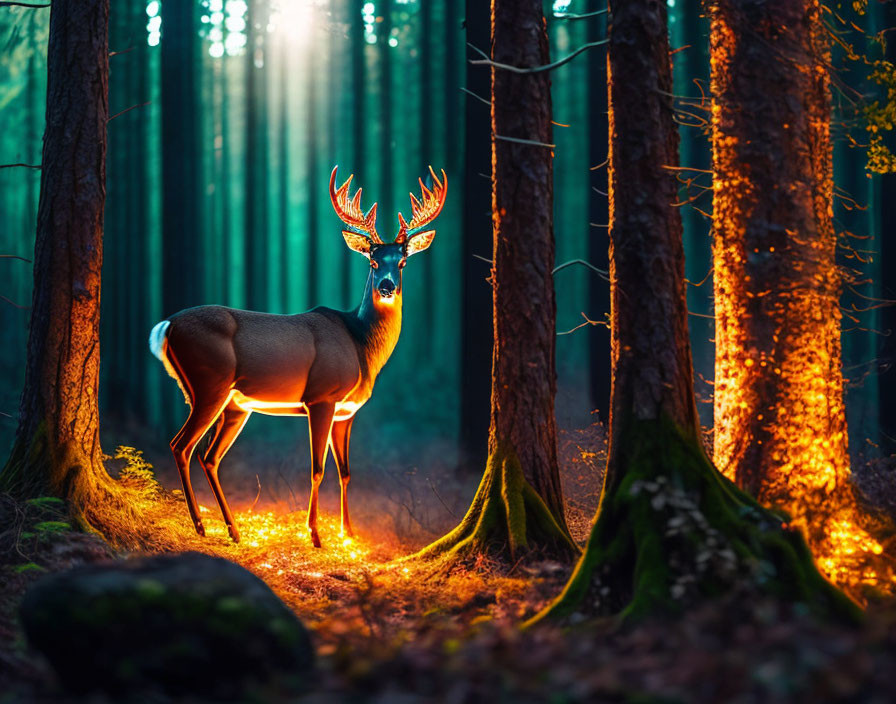 Majestic deer in mystical forest with golden sunlight